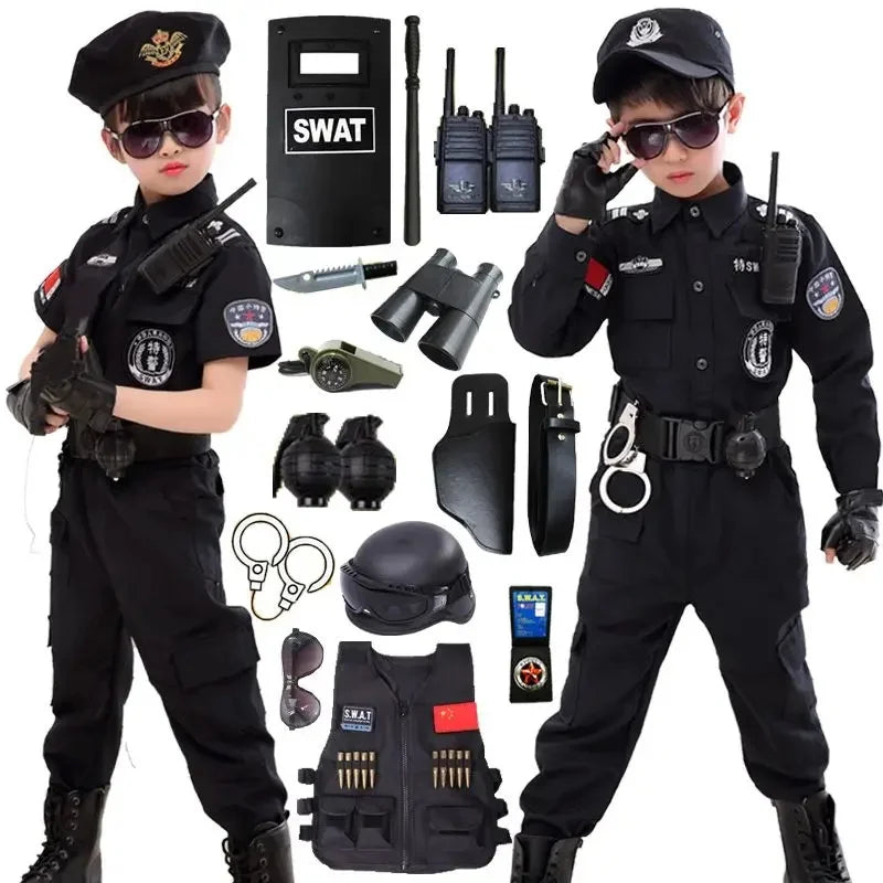 Children Halloween Policeman Cosplay Costumes Kids Carnival Police Uniform 110-160cm Boys Army Policemen Soldier 7 Pcs/Sets