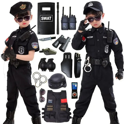 Children Halloween Policeman Cosplay Costumes Kids Carnival Police Uniform 110-160cm Boys Army Policemen Soldier 7 Pcs/Sets