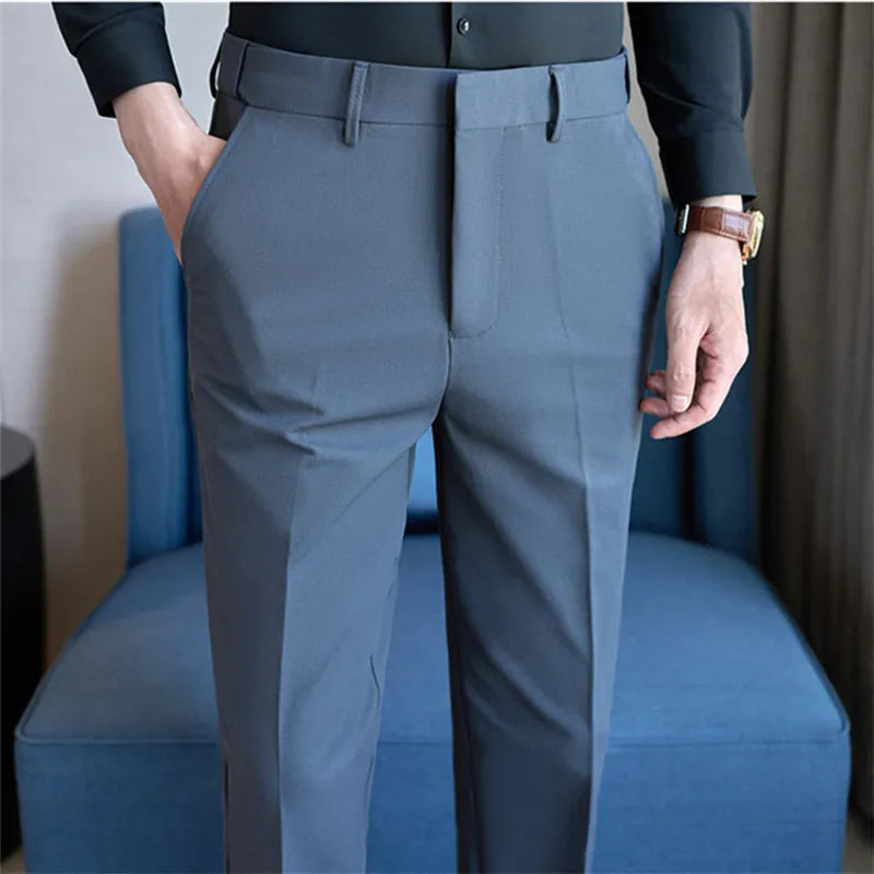 Spring Autumn Suit Pants Men Solid Color Fashion Slim Fit Smart Casual Suit Trousers Mens Elastic Waist Korean Full Length Pants