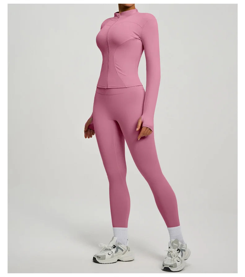 Yoga Coat Sports Top Long Sleeve Jacket Fitness Breathable Women's Tracksuit High Waist Leggings Two Piece Set Gym Clothes
