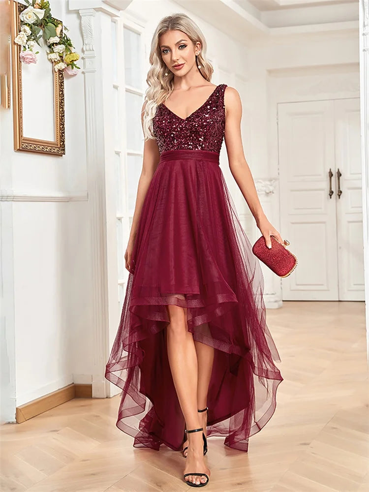Elegant Women Sleeveless Sequins Floor Length Formal Evening Dresses Luxury V-neck Wedding Party Cocktail Gowns
