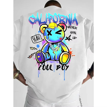 Summer 2026 New California Bear and Lightning Bolt Men's T-shirt Fashion Hot Selling Men's and Women's Round-neck Print T-shirt