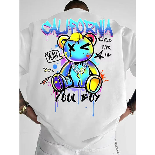 Summer 2026 New California Bear and Lightning Bolt Men's T-shirt Fashion Hot Selling Men's and Women's Round-neck Print T-shirt