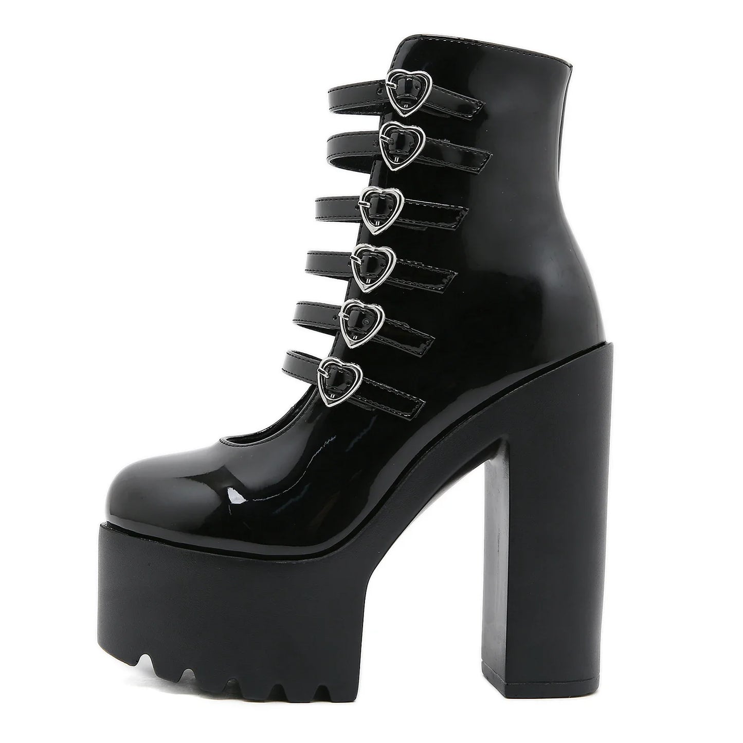Block Heels Pumps for Women Fashion Multi Buckle Strap Heart Design Dress Shoes Side Zipper High Heels Mary Jane Shoes