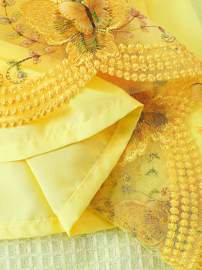 Girls' Summer Woven Flutter Sleeve Three-Dimensional Flower Three-Dimensional Butterfly Mesh Waist Bow Back Collar Open Button Casual Mesh Dress Wedding Party Light Dress Beach Holiday Party Princess Dress Gift