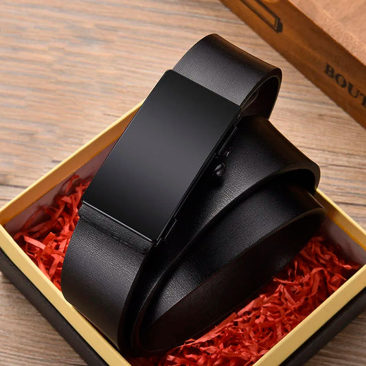 Men Leather Belt Black Metal Toothless Automatic Buckle Business Casual PU Leather Men's Fashion High Quality Belt