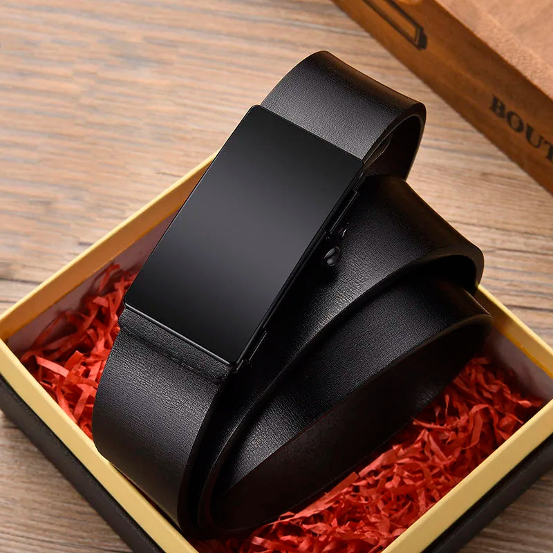 Men Leather Belt Black Metal Toothless Automatic Buckle Business Casual PU Leather Men's Fashion High Quality Belt