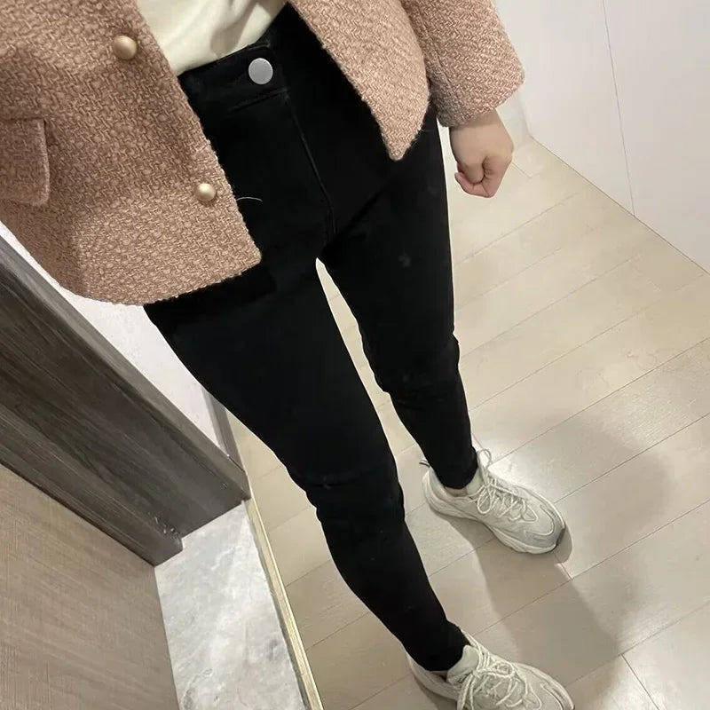 Winter Lady Thermal Plush Jeans Snow Warm Stretch Jeans Hot Sale High Waist Fleece Pants Female Straight Leg Denim Trousers