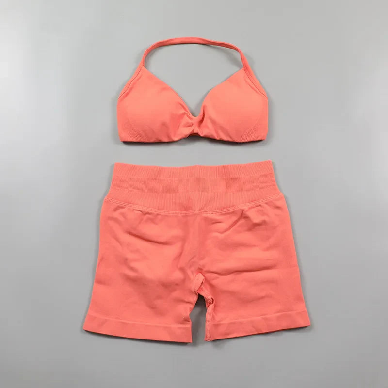 Scrunch Seamless Yoga Set Women Sportswear Ribbed Gym Shorts Strappy Sports Bra 2 Piece Set Halter Workout Clothes Fitness Suit