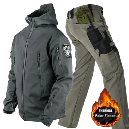 Winter Outdoor Work Sets Mens Field Training Jackets Multi-Pocket Fleece Cargo Pants Tactical Waterproof Camping Tracksuits Set