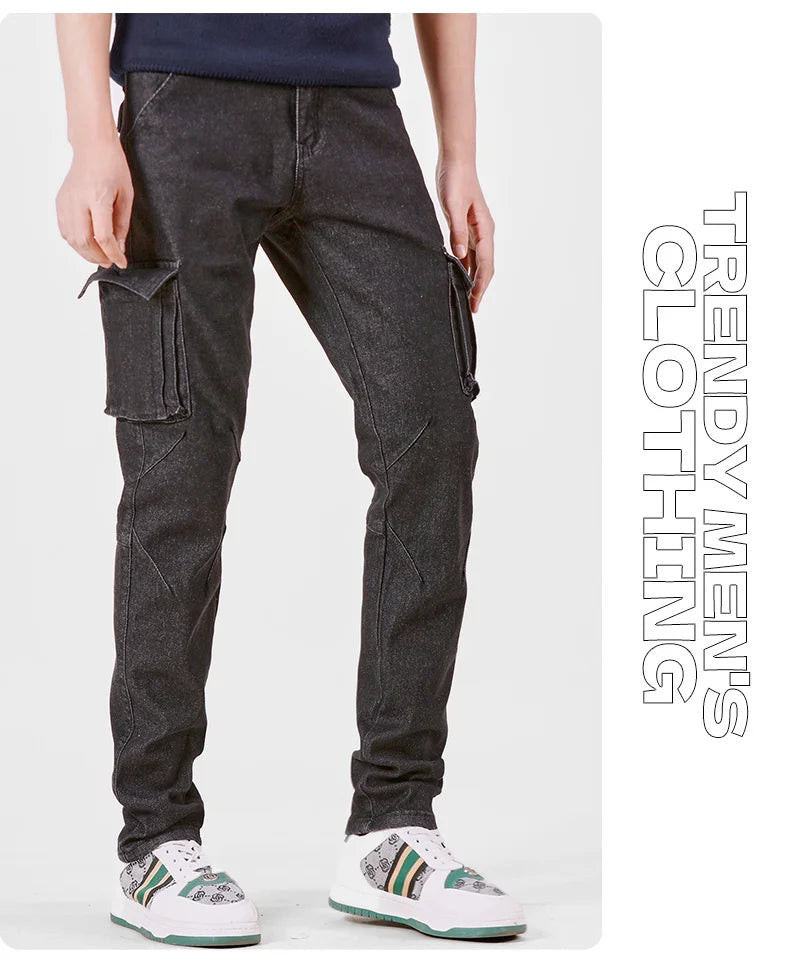 Men's Jeans Street Style Waist Denim Cargo Pants Solid Color Washed Slim Fit Casual Jeans with Multiple Pockets for Daily Wear