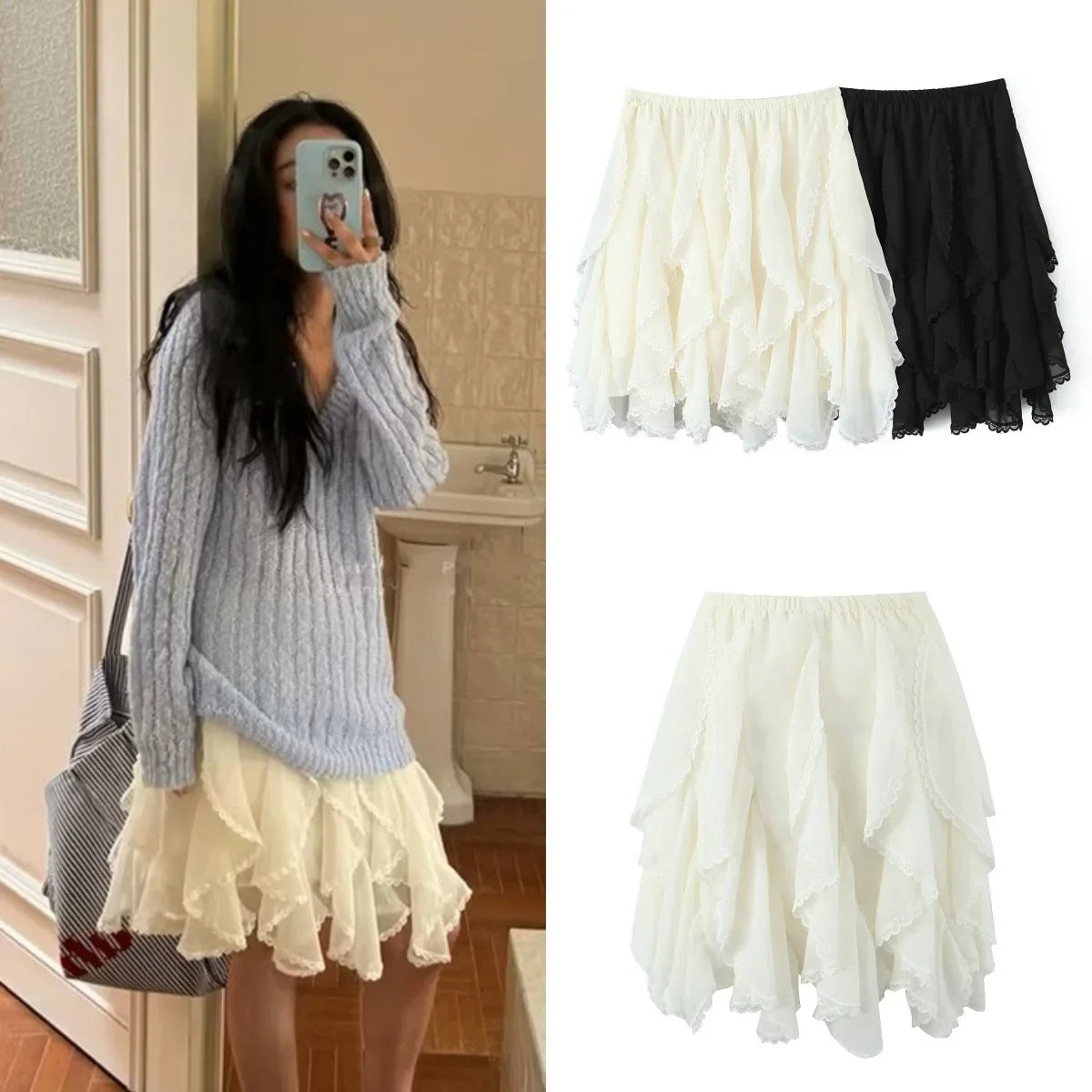 Kawaii Black Mini Skirts Women Summer 2025 Japanese Y2k Fashion Ruched Skirts Vintage Clothes Kawaii Ruffle Skirts Lace Trim