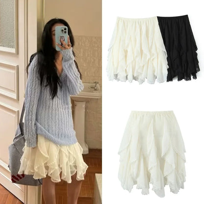 Kawaii Black Mini Skirts Women Summer 2025 Japanese Y2k Fashion Ruched Skirts Vintage Clothes Kawaii Ruffle Skirts Lace Trim
