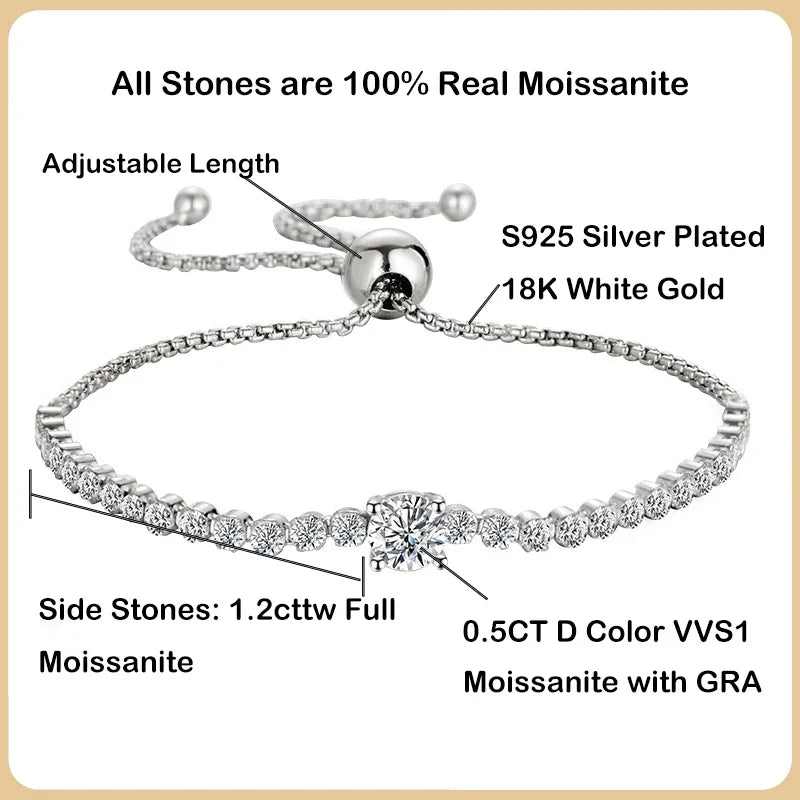 100% Real 1.7CT Round Cut Full Moissanite Tennis Bracelet for Woman Girl Party S925 Sterling Silver Diamond Link Bracelets
