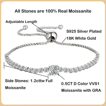 100% Real 1.7CT Round Cut Full Moissanite Tennis Bracelet for Woman Girl Party S925 Sterling Silver Diamond Link Bracelets