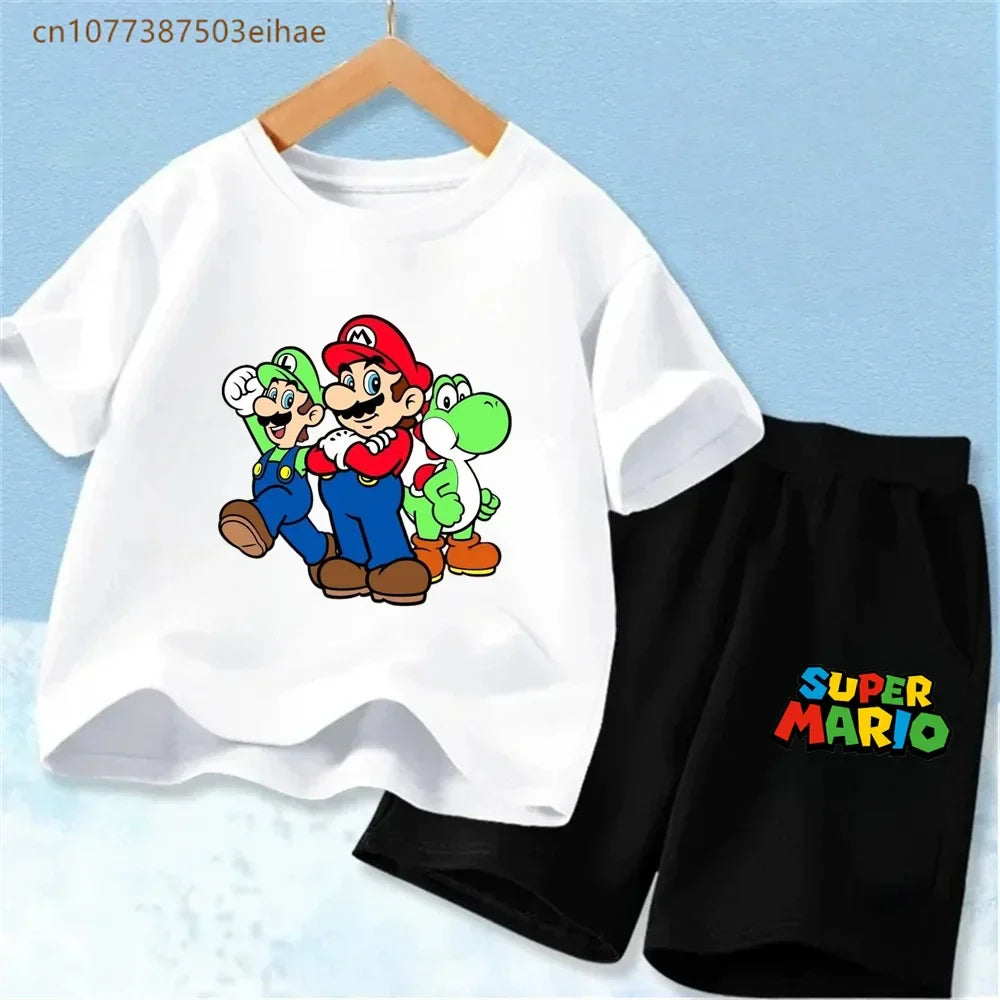 Cute Mario Pattern Children 2 Piece Suits Pure Cotton Short Sleeve Tee Tops + Fashion Shorts Summer Casual Daily Wear