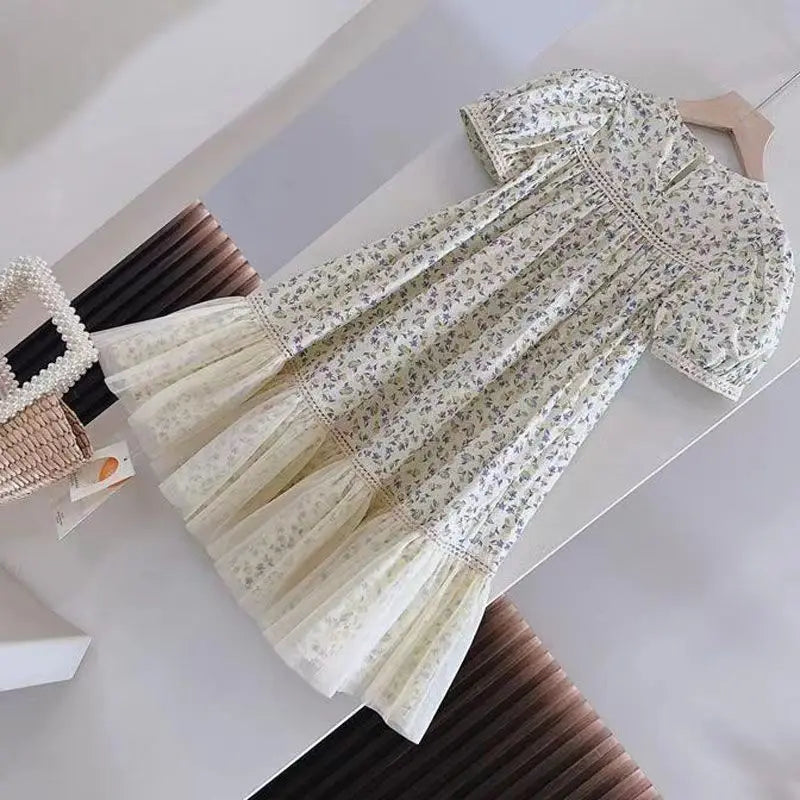 Retro Printed Princess Dress For 4-14Yrs Teenager Girls 2025 New Summer Children Clothes Short Sleeve Lace Loose Elegant Dress