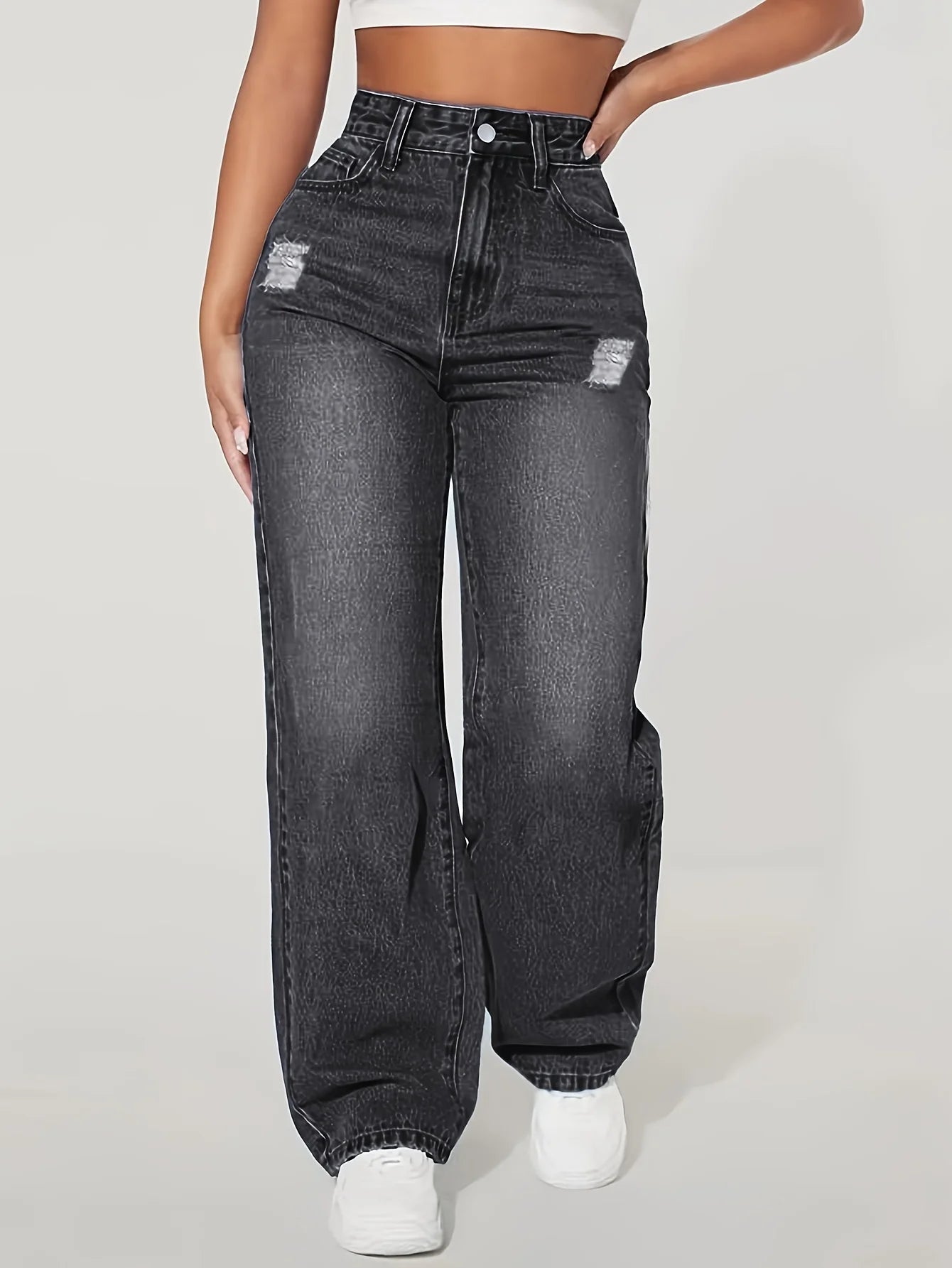 Loose Fit Elastic Fashionable Wide Leg Jeans, Blue Distressed Loose Wide Leg Jeans