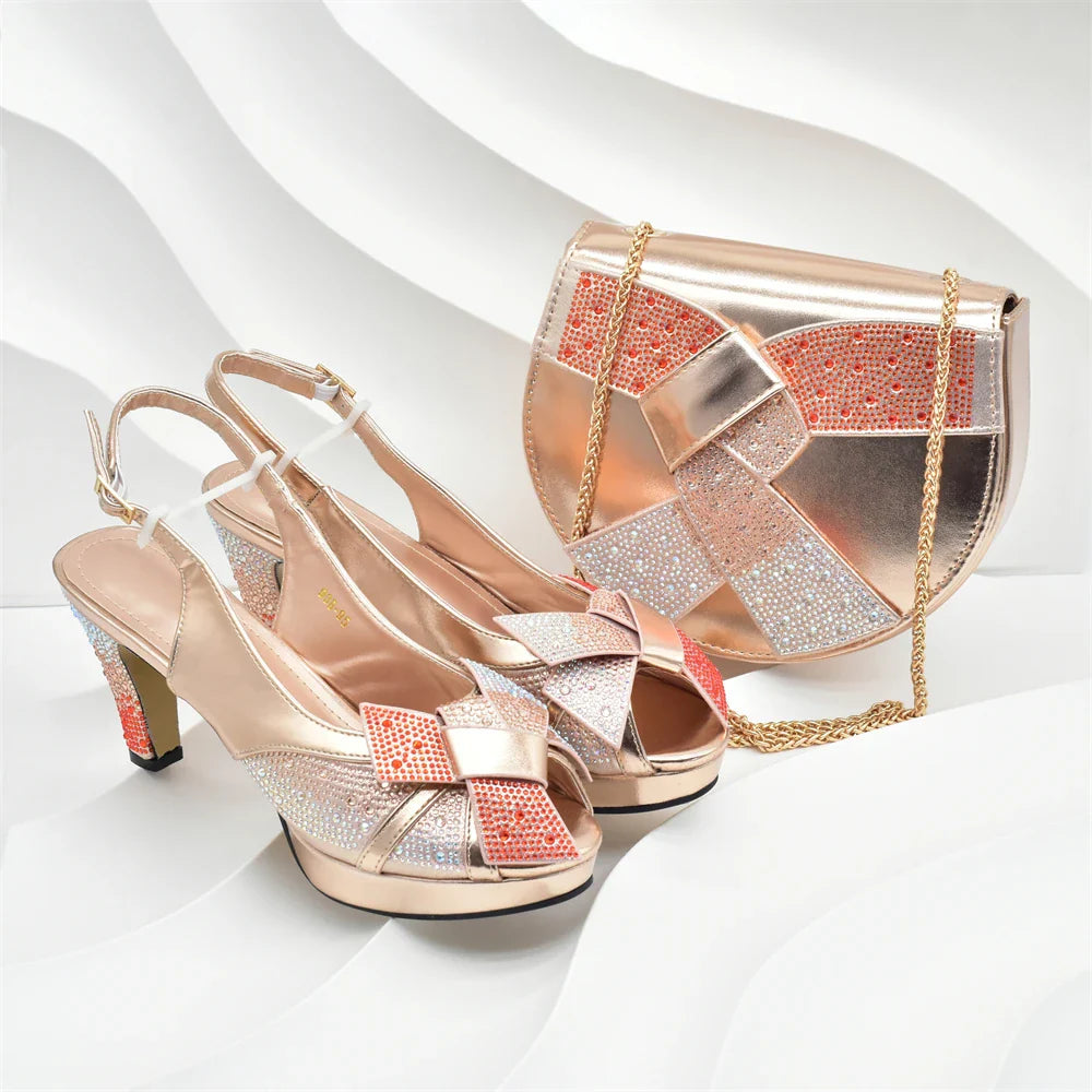 Fashion Women Nigerian Italian Shoes and Bags Set Decorated with Rhinestone Peep Toe High Heels Women Pumps for Wedding