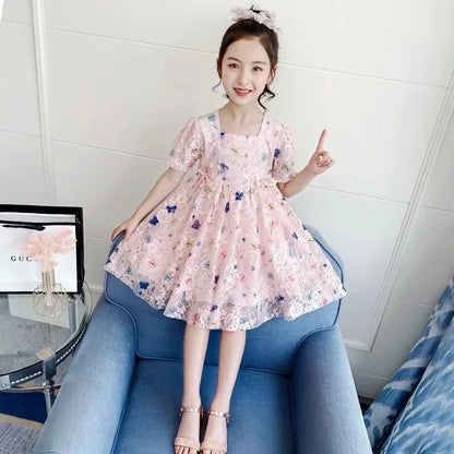 Vintage lace short sleeved dress For 2-9 yrs Baby Girls Loose Dress 6.1 Children's Day Clothing Cute beach Loose Clothes 2026