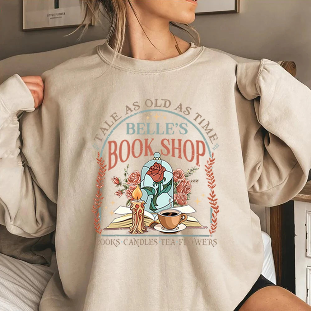 Vintage Belle's Book Shop Sweatshirt Women Tale As Old As Time Hoodie Beauty Beast Shirt Aesthetic Princess Trendy Sweatshirts
