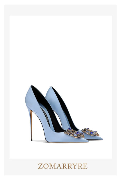 2026 Spring and Autumn New Women's Blue High Heels Pointed Thin Heel Rhinestone Square Buckle Dress Fashion Women's Shoes