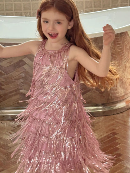 Vestido Infantil Meninas 2025 Verão Novo Moda Infantil Vestido de Borla Brilhante de Luxo Vestido de Aniversário para Meninas
