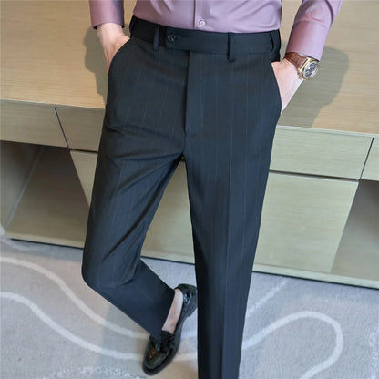 Men's Wool Blend Dress Pants, Elastic Waist Business Trousers, Tapered Slim Fit, Charcoal Gray Black Navy