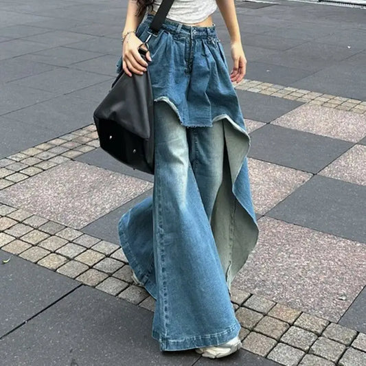 American Retro Irregularly Designed Patchwork Jeans, Women's Four Seasons New Street Hot Girl Patchwork Flared Jeans, Long Pants