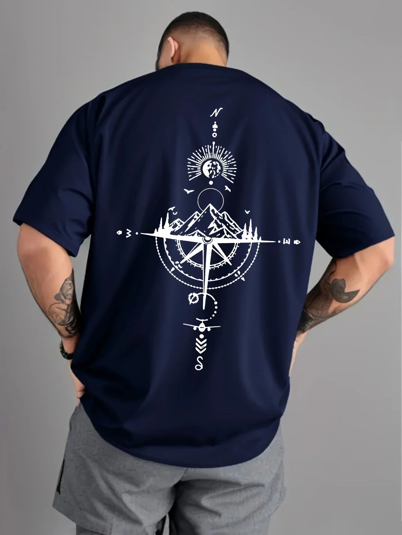 Summer men's 100% pure cotton casual sports loose oversized retro compass printed comfortable round neck short sleeved T-shirt