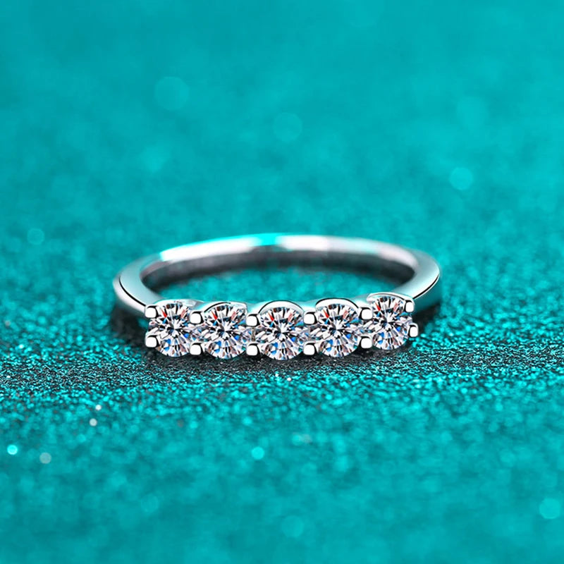Full 3mm Moissanite Ring for Women S925 Sterling Silver Rings with White Gold Plated 5 Stone Lab Diamond Wedding Band