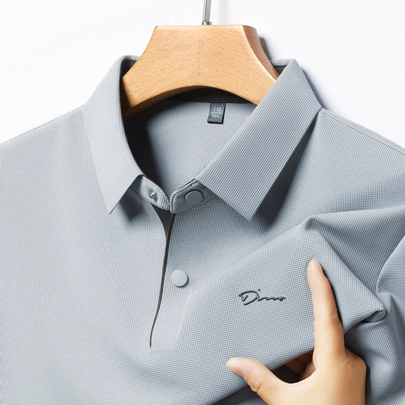 Summer seamless ice silk short sleeved T-shirt, polo shirt, flip collar, casual elastic top, breathable thin half sleeve
