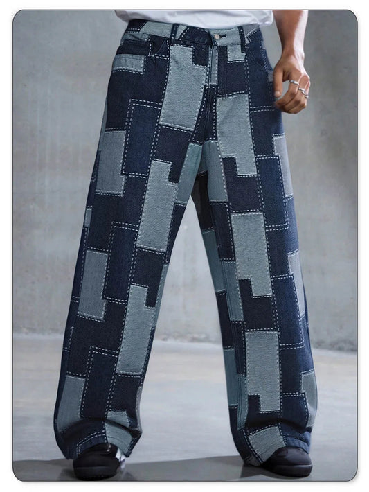 Spring Summer Comfortable Baggy Wide Leg Jacquard Jeans Casual Fashion Pixel Pattern Street Denim Pants Korean Unisex Pants