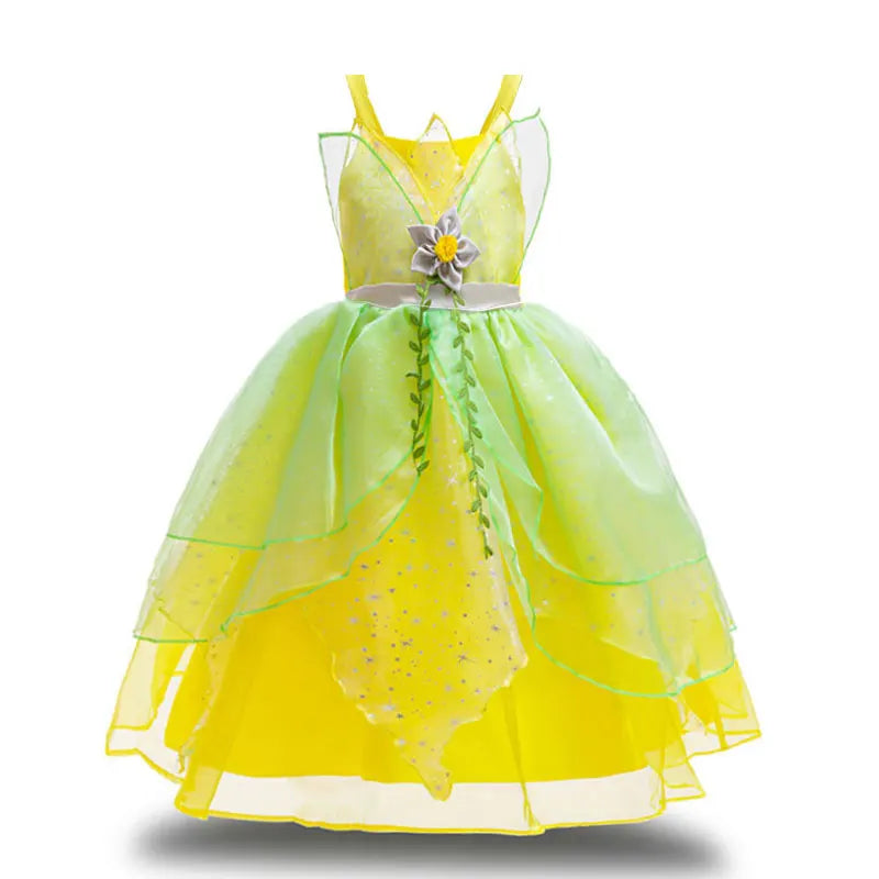 Fairy Tale Princess Costume for Girl Dressy Floral Ball Gown Princess and Frog Cosplay Tiana Halloween Apparel Green Dress 2-10Y