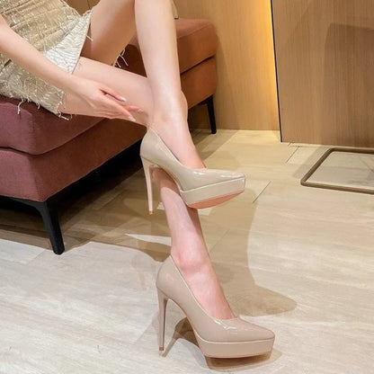 Nude Platform Heels Women's Spring 2025 New Patent Leather Stiletto Pointed Toe Single