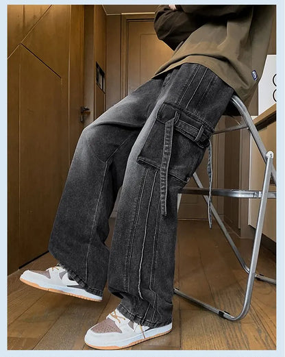 2025 Autumn New Men's Loose Jeans Multi-pocket Work-wearing Jeans Street Hip-hop Straight Wide-leg Pants Baggy Dance Pants