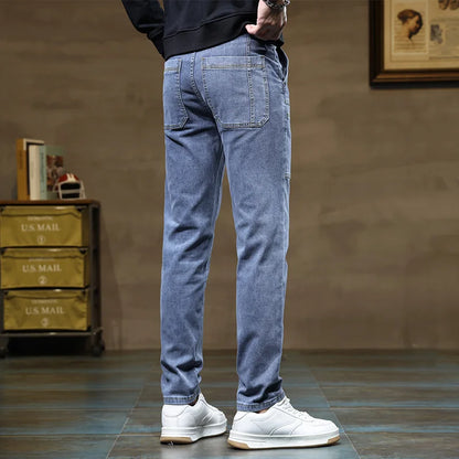 Calça Jeans Masculina Solta de Pernas Retas com Design Versátil de Seis Bolsos, Elástica e Confortável para Atividades ao Ar Livre, Caminhadas, Todas as Estações