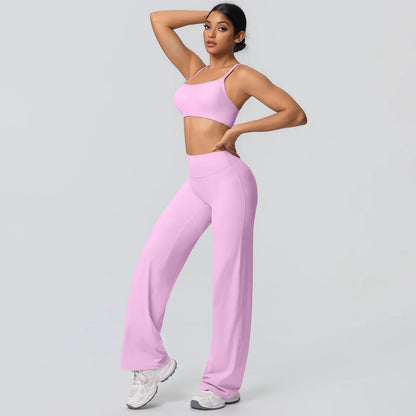 Women Gym Sports Yoga Suit Sexy Beautiful Back Yoga Underwear With Chest Pad Solid Color High Waisted Wide Leg Pants Yoga Set
