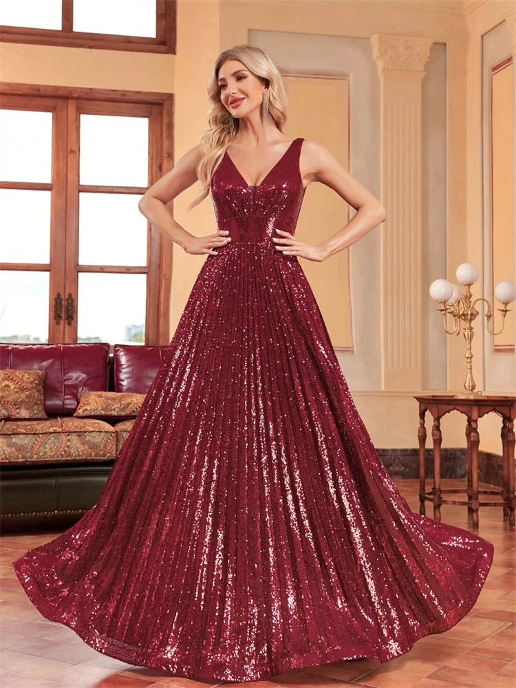 Luxury Red V-Neck Sleeveless Formal Evening Dresses Women Sequins Wedding Party Prom Maxi Cocktail Gowns Vestidos