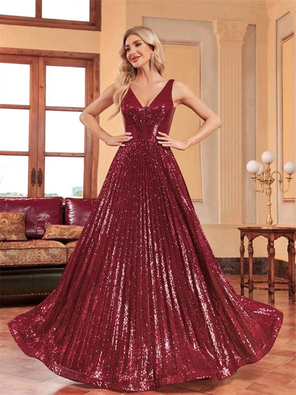 Luxury Red V-Neck Sleeveless Formal Evening Dresses Women Sequins Wedding Party Prom Maxi Cocktail Gowns Vestidos