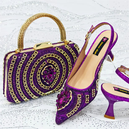 Elegant Fruit Green Women's Green Heels and Rhinestone Handbag Set - Italian Design for Weddings and Parties