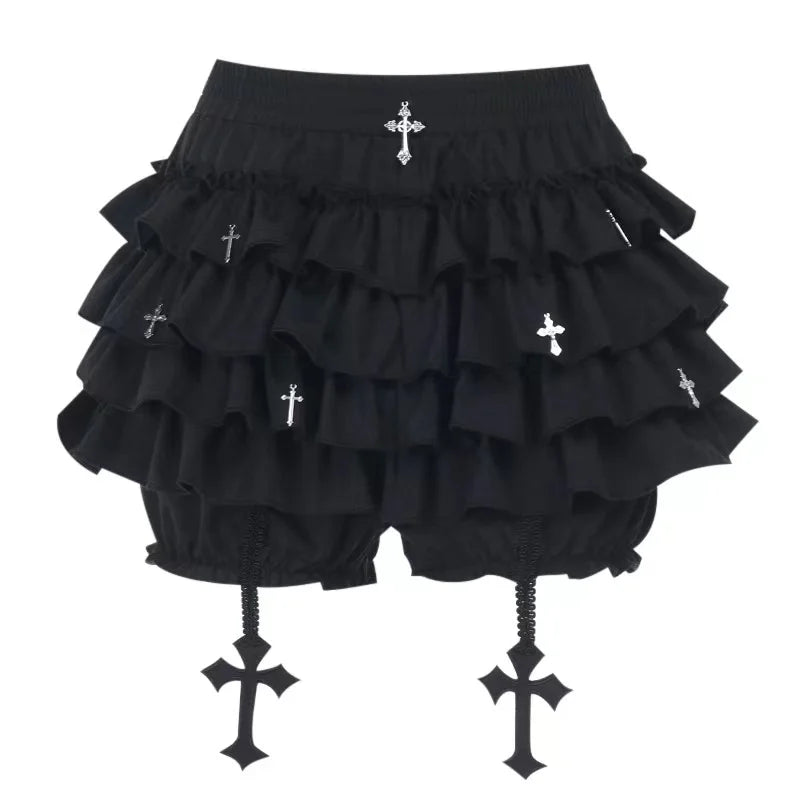 2026 Summer New Arrival Hot Girl Trendy Versatile Mini Skirt Dark Cross DesignTiered Cake Black Fluffy Skirts