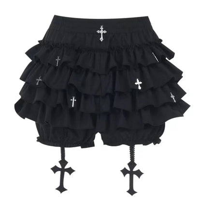 2026 Summer New Arrival Hot Girl Trendy Versatile Mini Skirt Dark Cross DesignTiered Cake Black Fluffy Skirts