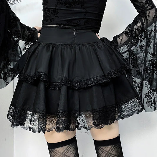 Goth Halloween Dark Gothic Skirt Women Vintage Streetwear Y2k Cyberpunk Chain Cross Lace-up Corset Skirt Harajuku Cake Skirt