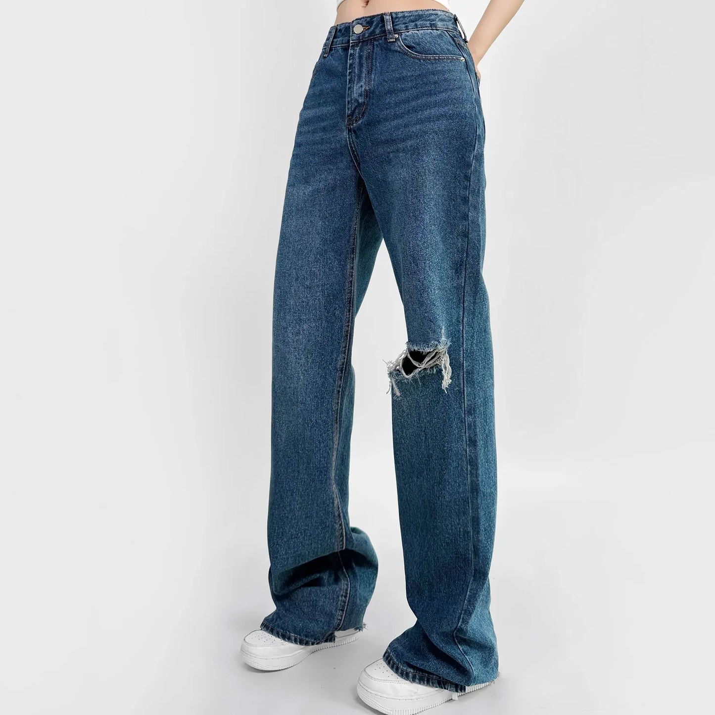 High‑Waist Straight‑Leg Distressed Jeans