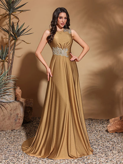 Asymmetrical applique sleeveless round neck slit back floor-length gown, women's long dress, party dress