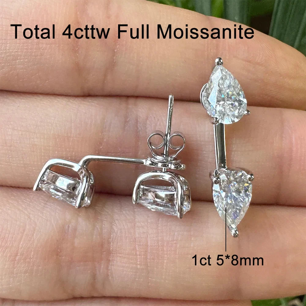 4cttw Pear Cut Moissanite Stud Earrings 925 Sterling Silver Sparkly Waterdrop Diamond Ear Jacket Earring for Women Jewelry Gift