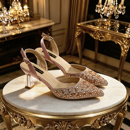 2026 New Arrival Italian-Inspired Peach Rhinestone Pointed Toe Women’s High Heels with Matching Handbag Set – Elegant Wedding
