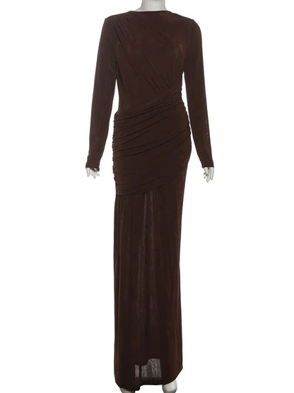 Folds Maxi Dress Women o-Neck Full Sleeve Solid Banquet Elegant Vacation Fashion Autumn Skinny Casual Simple Vestidos