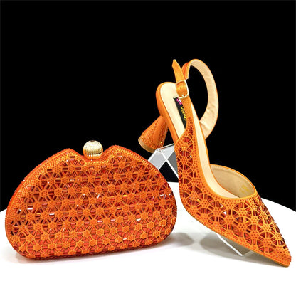 Elegant Champagne Color Pointed-Toe Italian Women's High-Heeled Shoe and Bag Set with Full Diamond Design for Parties